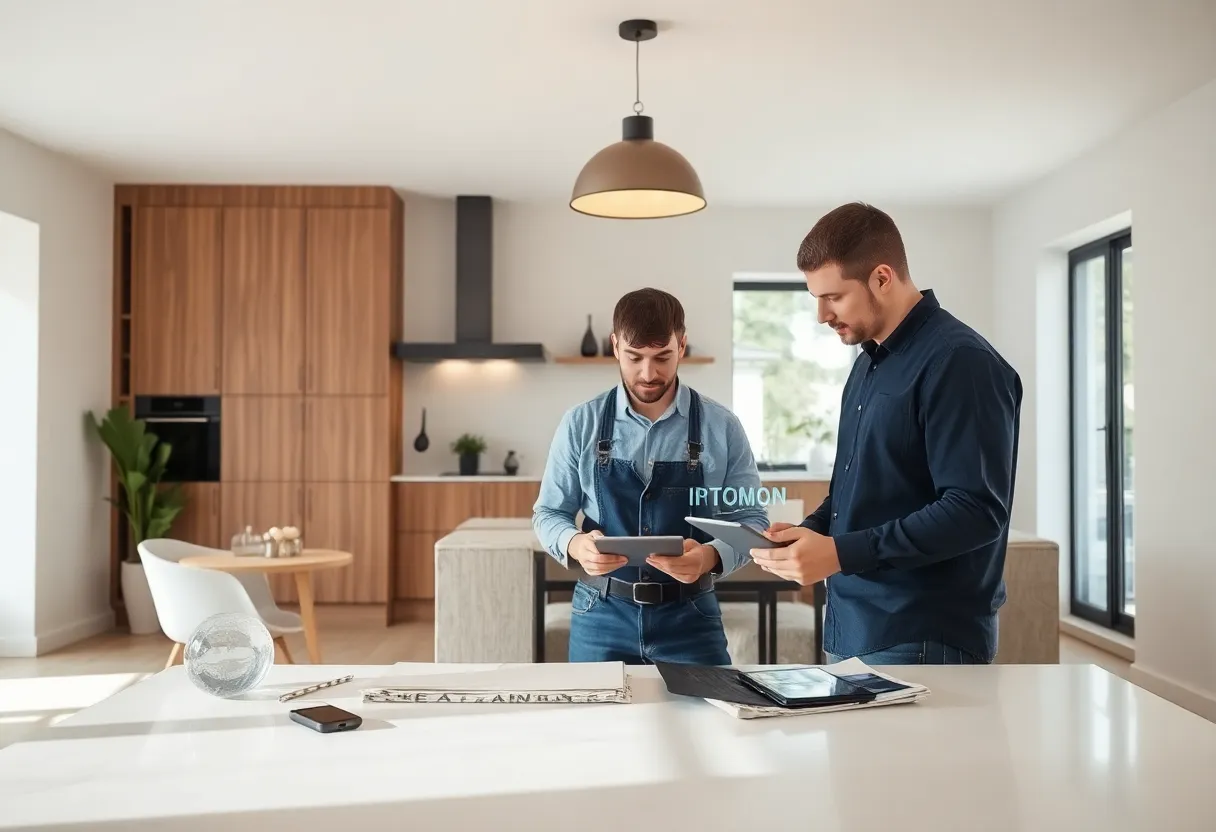 A modern home remodeling workspace showcasing digital tools and technology enhancements.