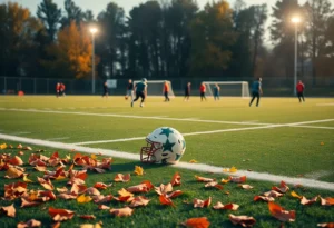 Team practice on a football field with autumn scenery