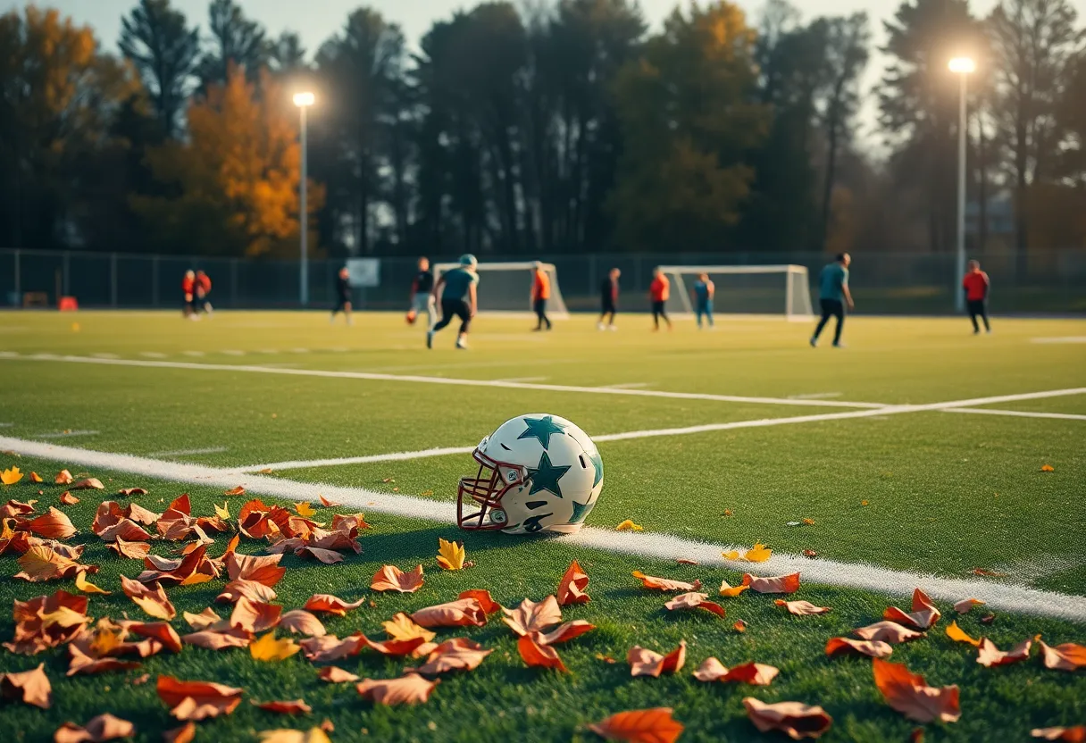 Team practice on a football field with autumn scenery