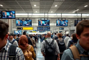 Monitors showing a video at Detroit Metropolitan Airport