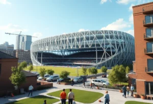 Conceptual image of new soccer stadium in Detroit promoting community engagement