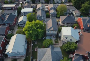 Construction workers repairing homes in a Detroit neighborhood