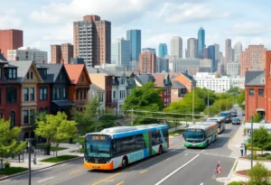 Detroit city skyline with modern housing and transit options