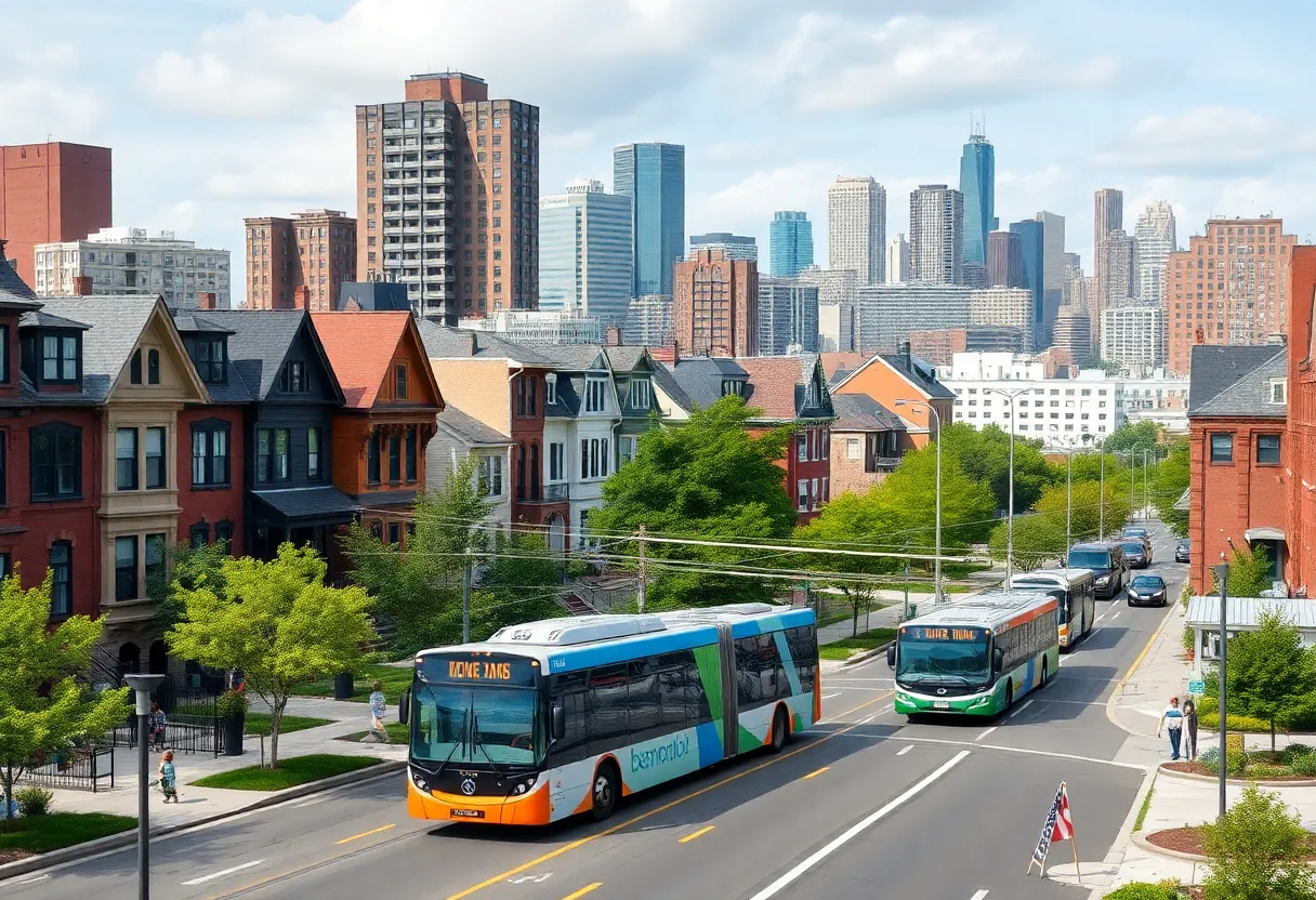 Detroit city skyline with modern housing and transit options