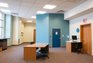 Workers renovating the Secretary of State office in Detroit.