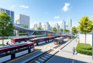 Rendering of Detroit multimodal transit hub with buses and trains