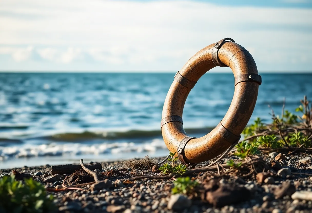 Life ring found on Lake Superior's shore, representing maritime history.