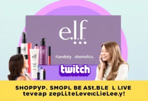Graphic of E.l.f. Cosmetics products with Twitch branding for live shopping.