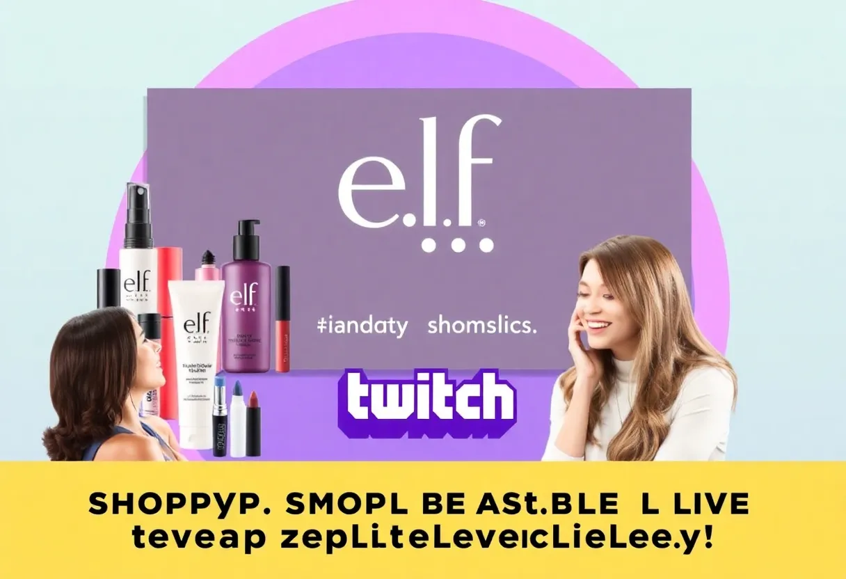 Graphic of E.l.f. Cosmetics products with Twitch branding for live shopping.