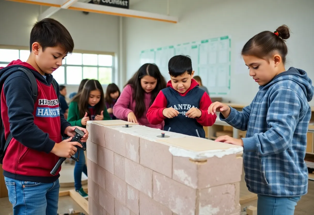 High school students engaged in home construction activities