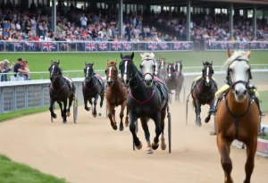 Horses racing at Northville Downs with spectators in the background