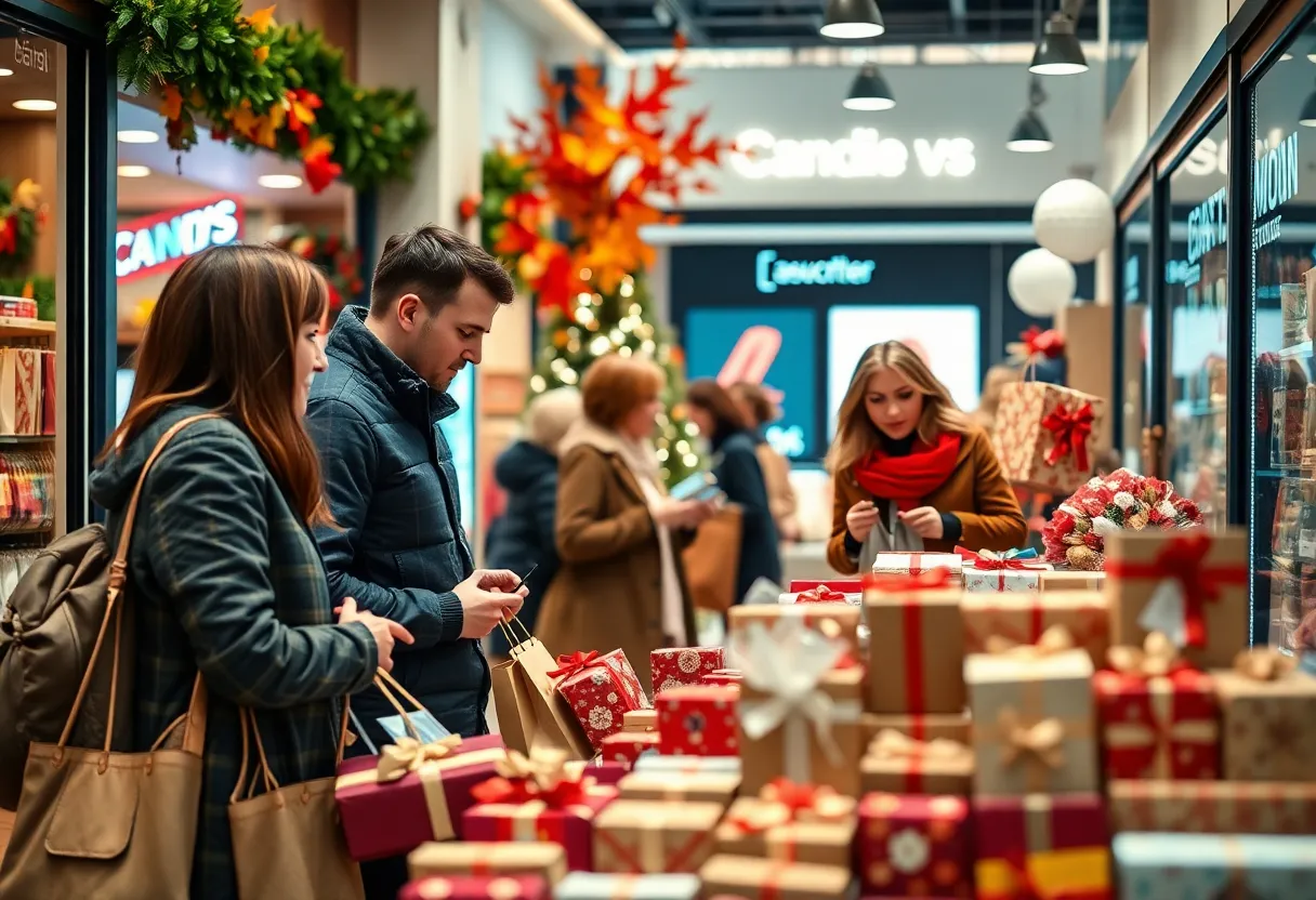 A vibrant scene of early holiday shopping with shoppers and colorful displays.