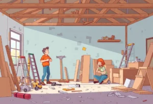 Couple facing home renovation issues with unfinished work and materials around them.