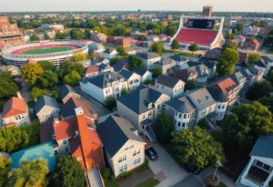 Renovated homes near a college stadium on game day.