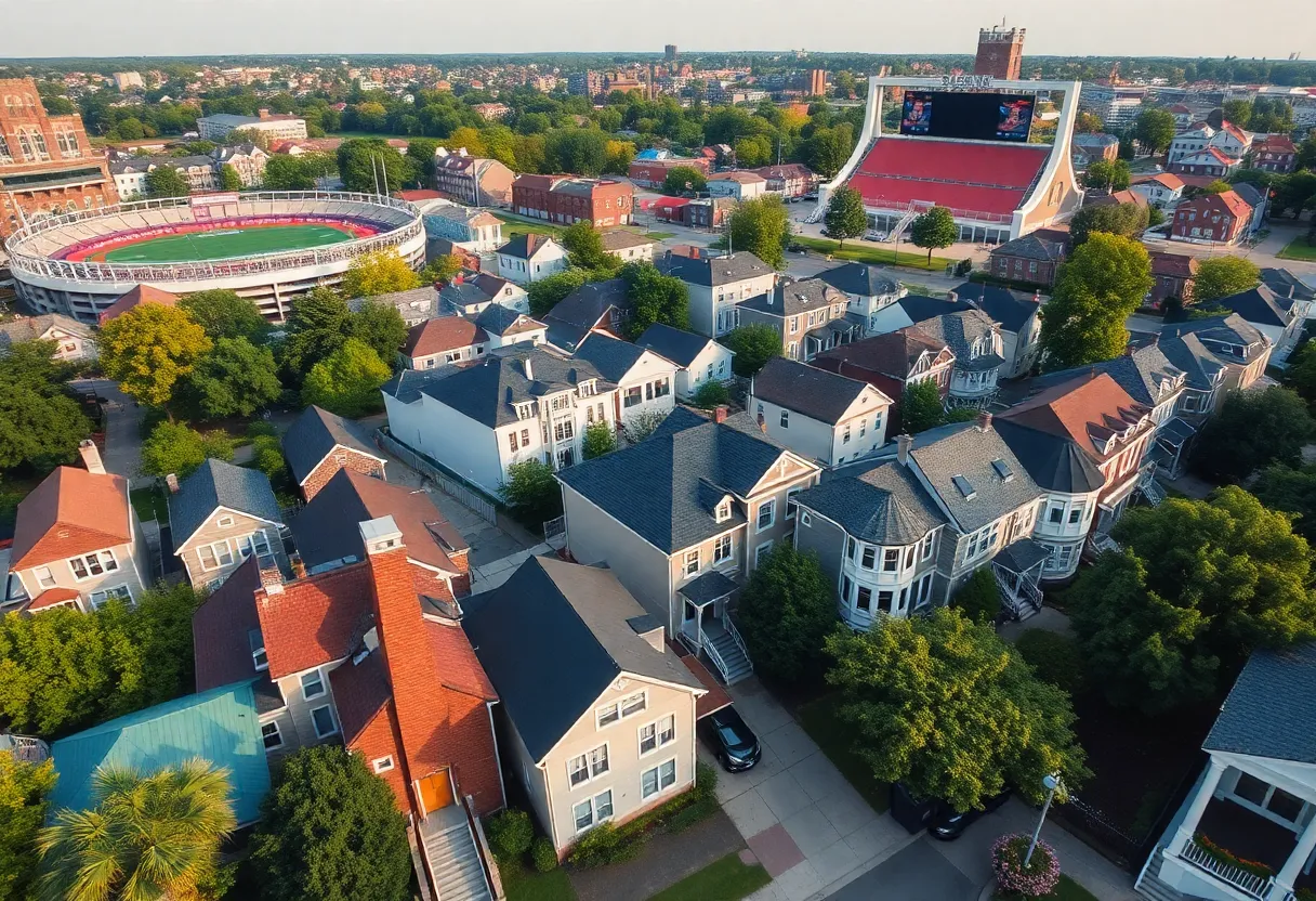 Renovated homes near a college stadium on game day.