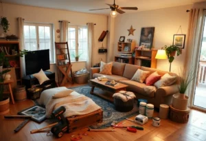 A home interior depicting various DIY repair projects.