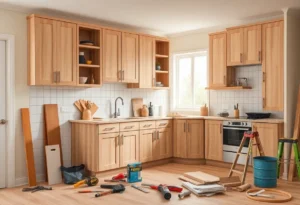 Home remodeling scene with kitchen cabinets and furniture focusing on tariff implications