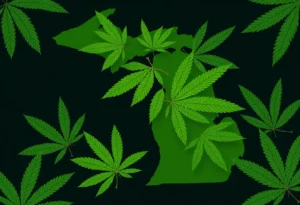 Illustration of Michigan state map with cannabis leaves symbolizing marijuana regulations.