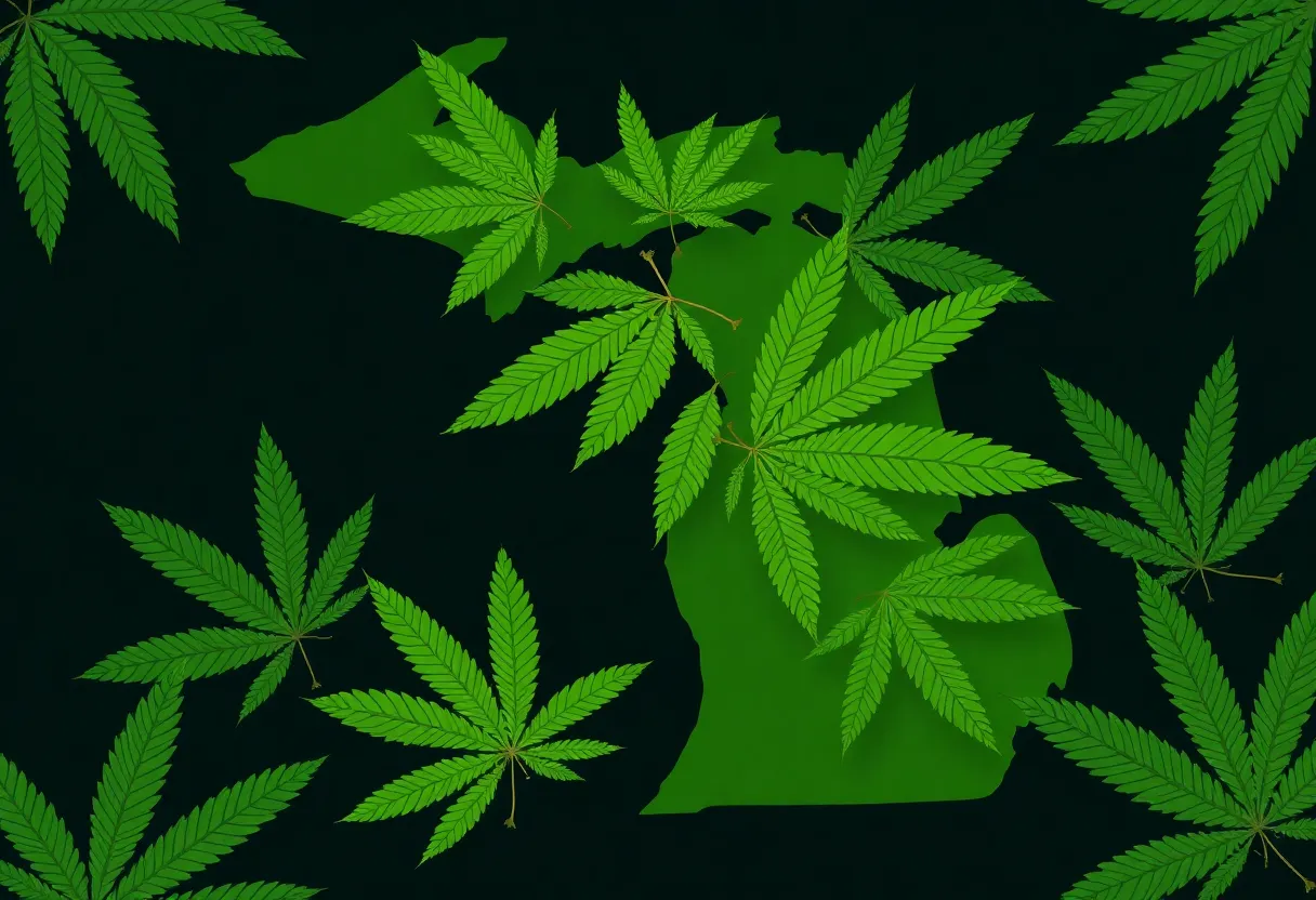 Illustration of Michigan state map with cannabis leaves symbolizing marijuana regulations.