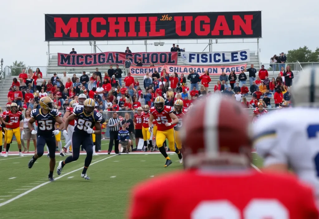 Players in action during a Michigan high school football game