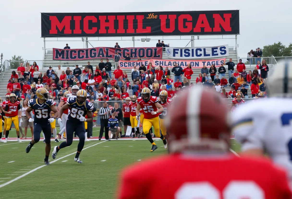 Players in action during a Michigan high school football game