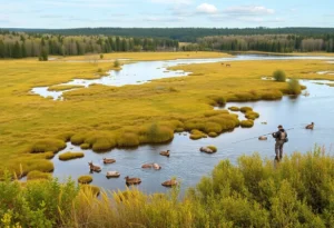 Michigan natural landscape with wildlife and fishing activities