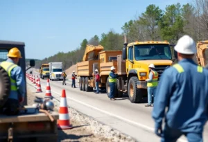 Workers on a Michigan road construction site
