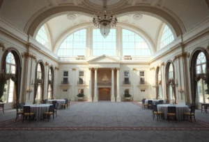 A digital rendering of a modern ballroom in a historic building