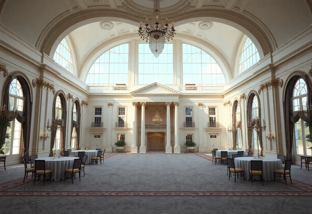 A digital rendering of a modern ballroom in a historic building