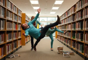 Employees at New Berlin Public Library performing a trust fall in a humorous marketing video.