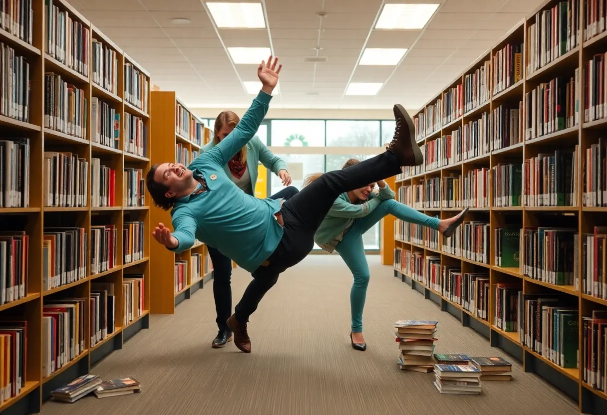 Employees at New Berlin Public Library performing a trust fall in a humorous marketing video.