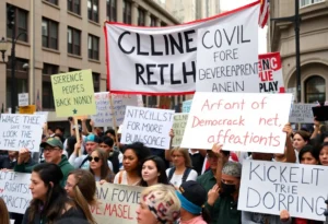 Participants at the No Kings protest rally holding signs and banners.
