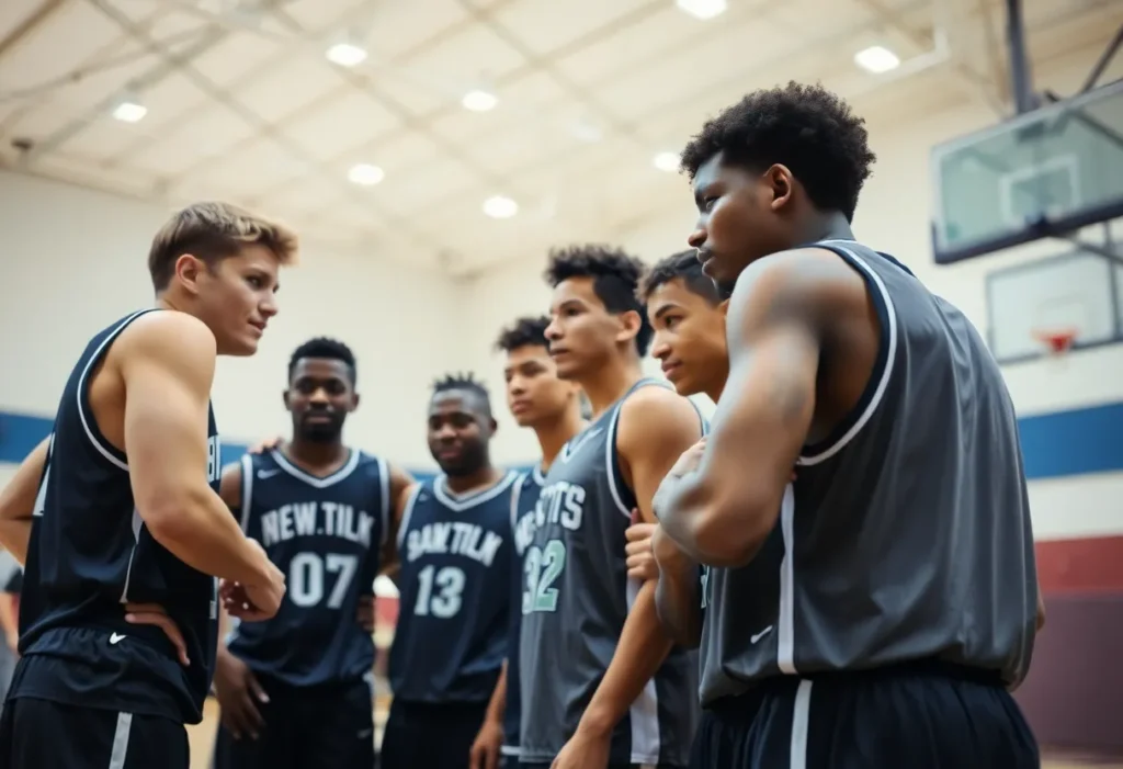 Northville high school basketball team huddle conveying emotion and determination