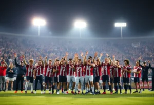 Northville High School football team celebrating a win on the field.