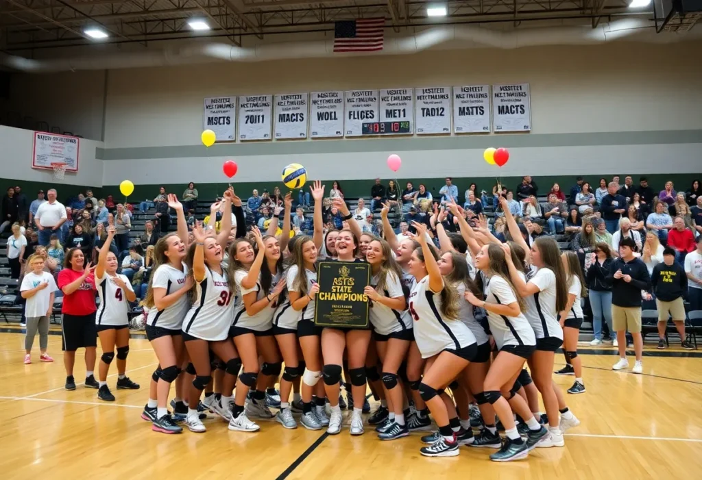 Northville Mustangs volleyball team celebrating their state championship win