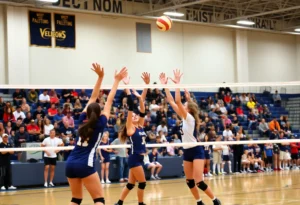 Players from Northville High School in action during a volleyball match.