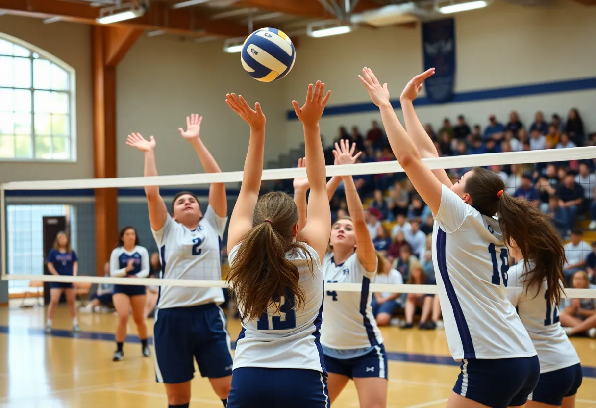 Northville volleyball team playing against Saline in a competitive match.