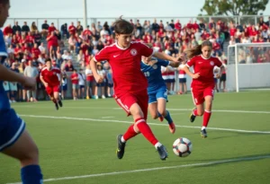 Novi High School players in an intense soccer match against Northville Mustangs.