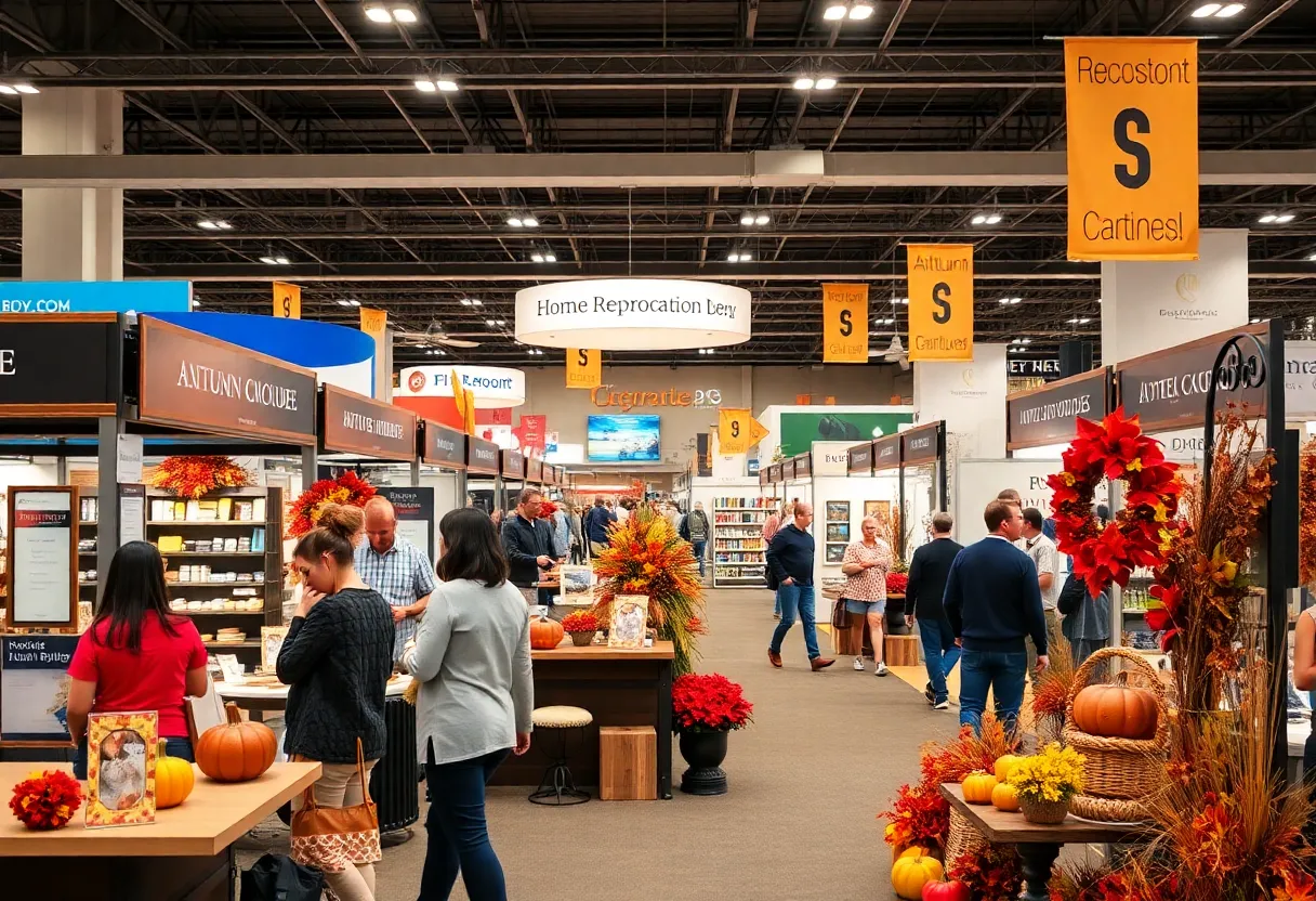 Crowd at the Novi Home Show surrounded by colorful booths displaying home improvement ideas in a fall setting.