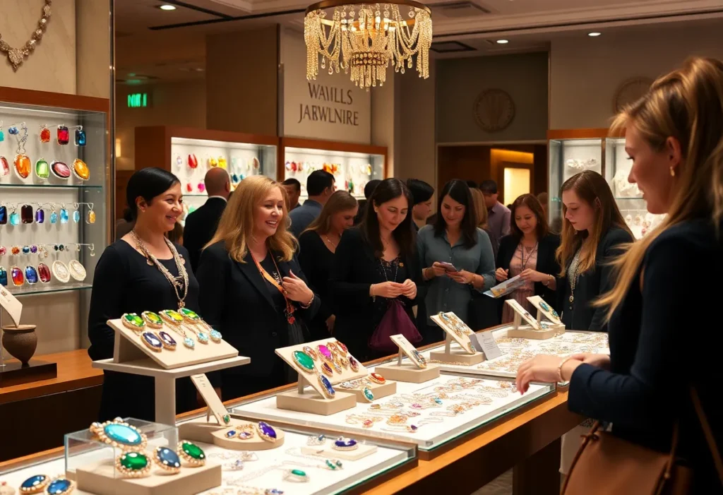 Guests admiring jewelry at the Parlé Jewelry Designs showcase.