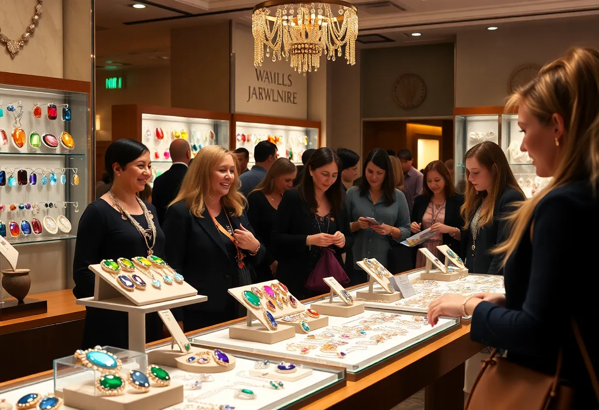 Guests admiring jewelry at the Parlé Jewelry Designs showcase.