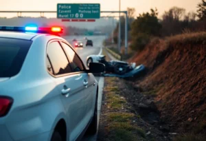 A police car at the scene of a car accident on a freeway