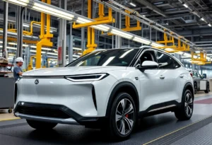 Rivian electric vehicle factory with SUVs on assembly line.
