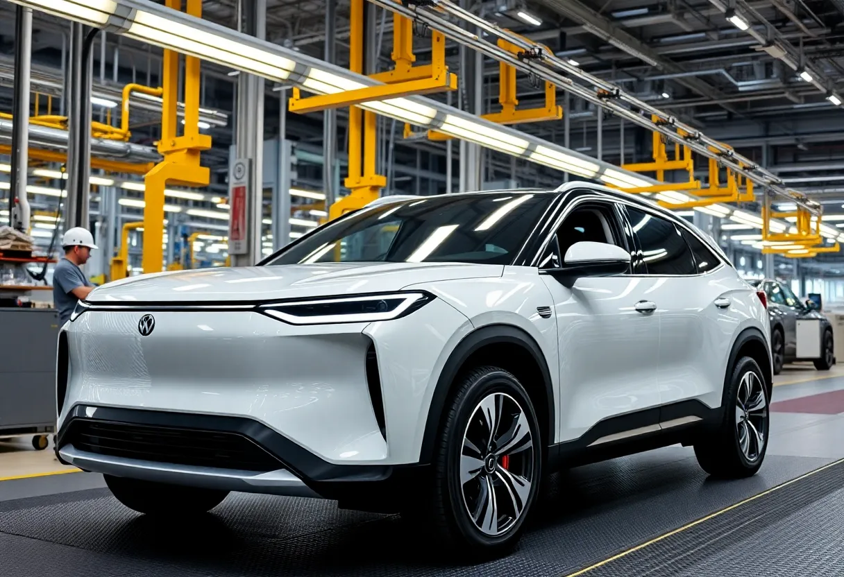 Rivian electric vehicle factory with SUVs on assembly line.