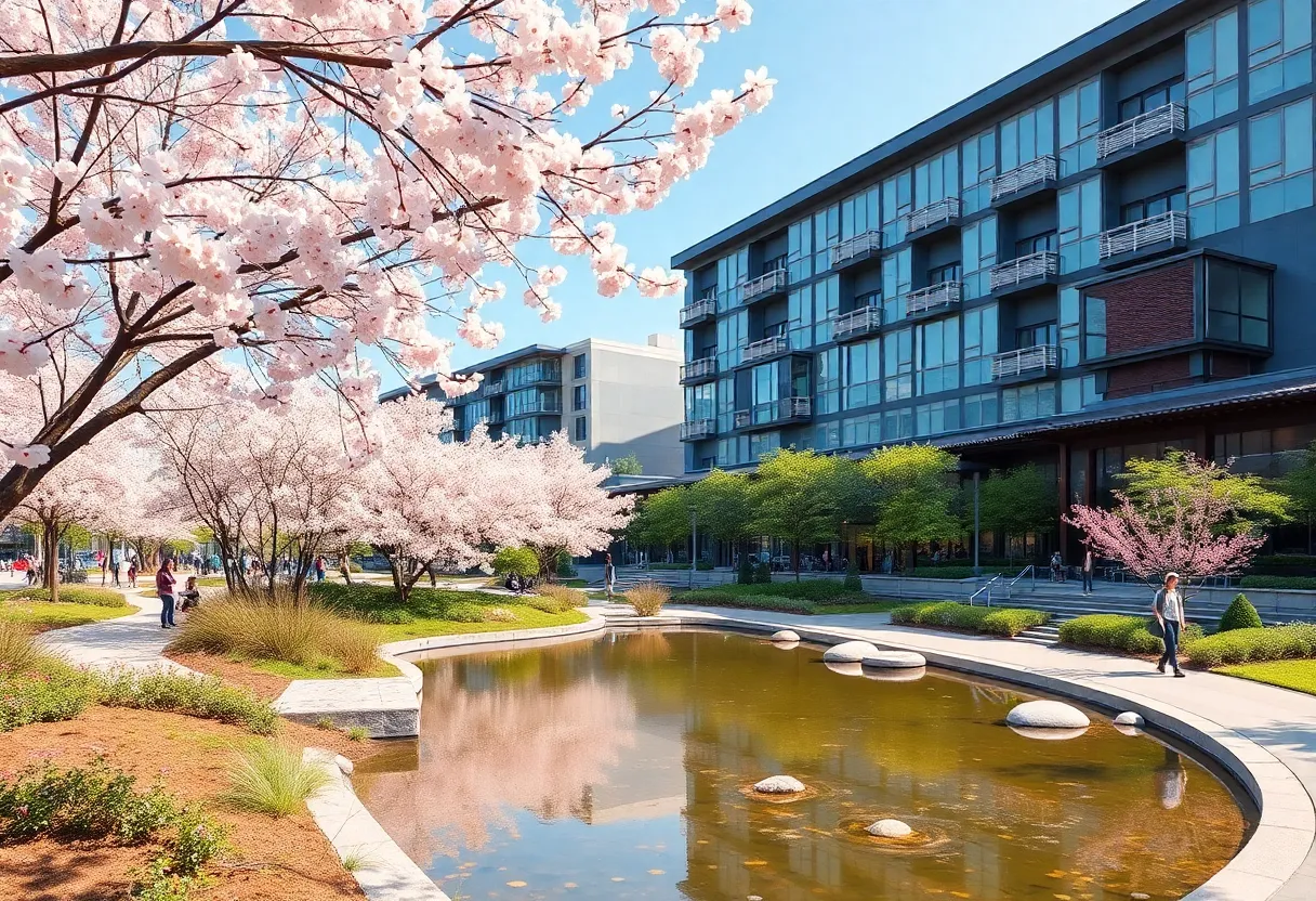 A picturesque view of Sakura Novi with cherry blossoms and a tranquil pond