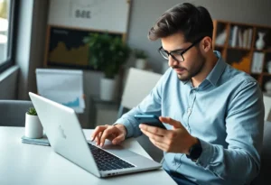 A small business owner reviewing social media strategies on digital devices