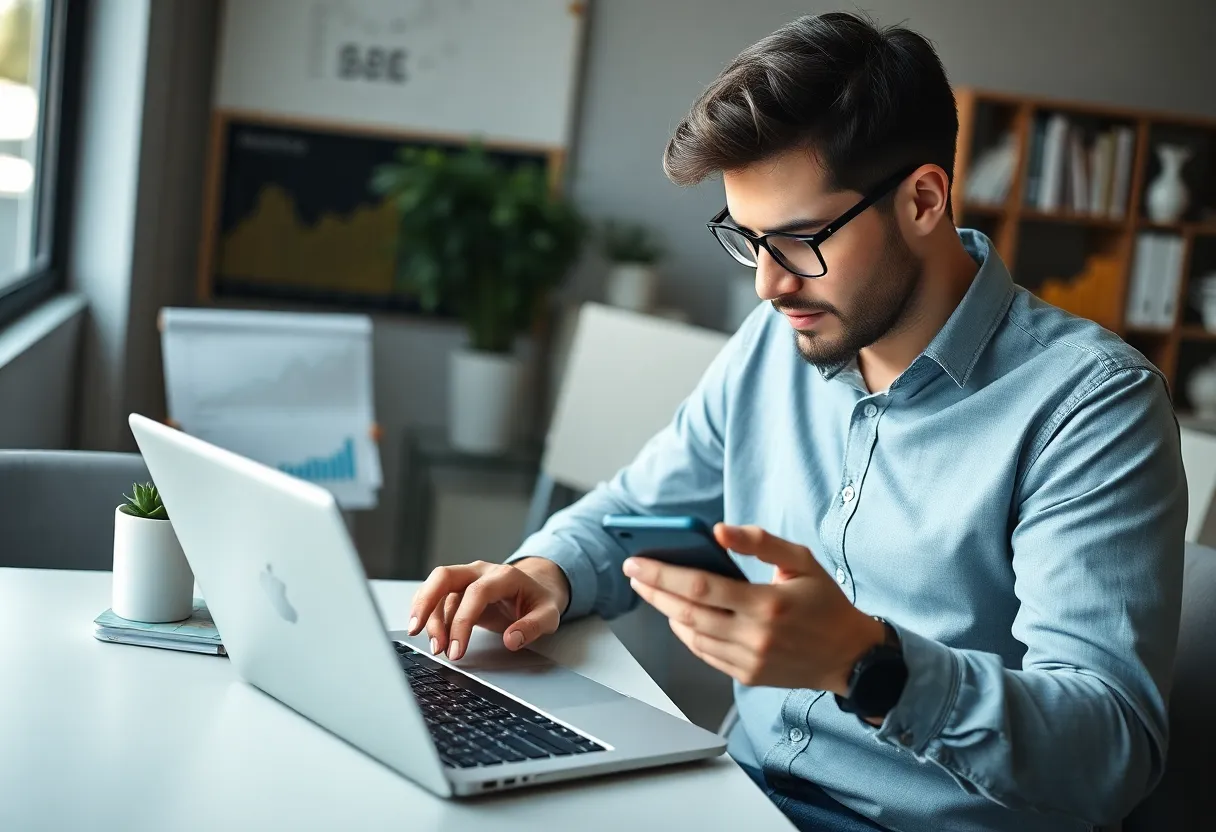 A small business owner reviewing social media strategies on digital devices