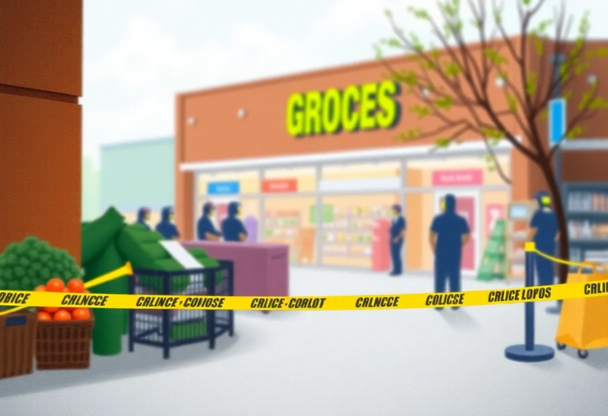 Scene at grocery store entrance after stabbing incident