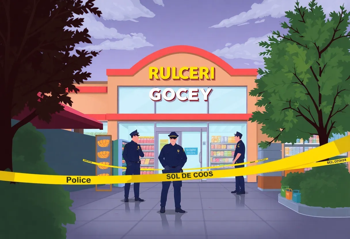 Suburban grocery store scene with police presence