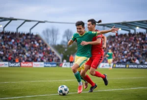 Two soccer players demonstrating teamwork on the field.